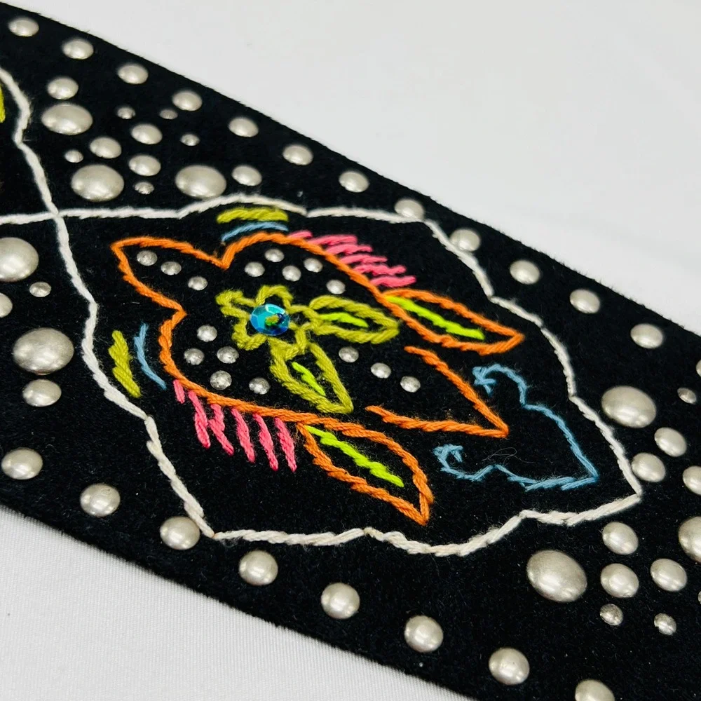 Faux Suede Embroidered Studded‎ Embroidered Wide Waist Belt Sz L Boho Festival